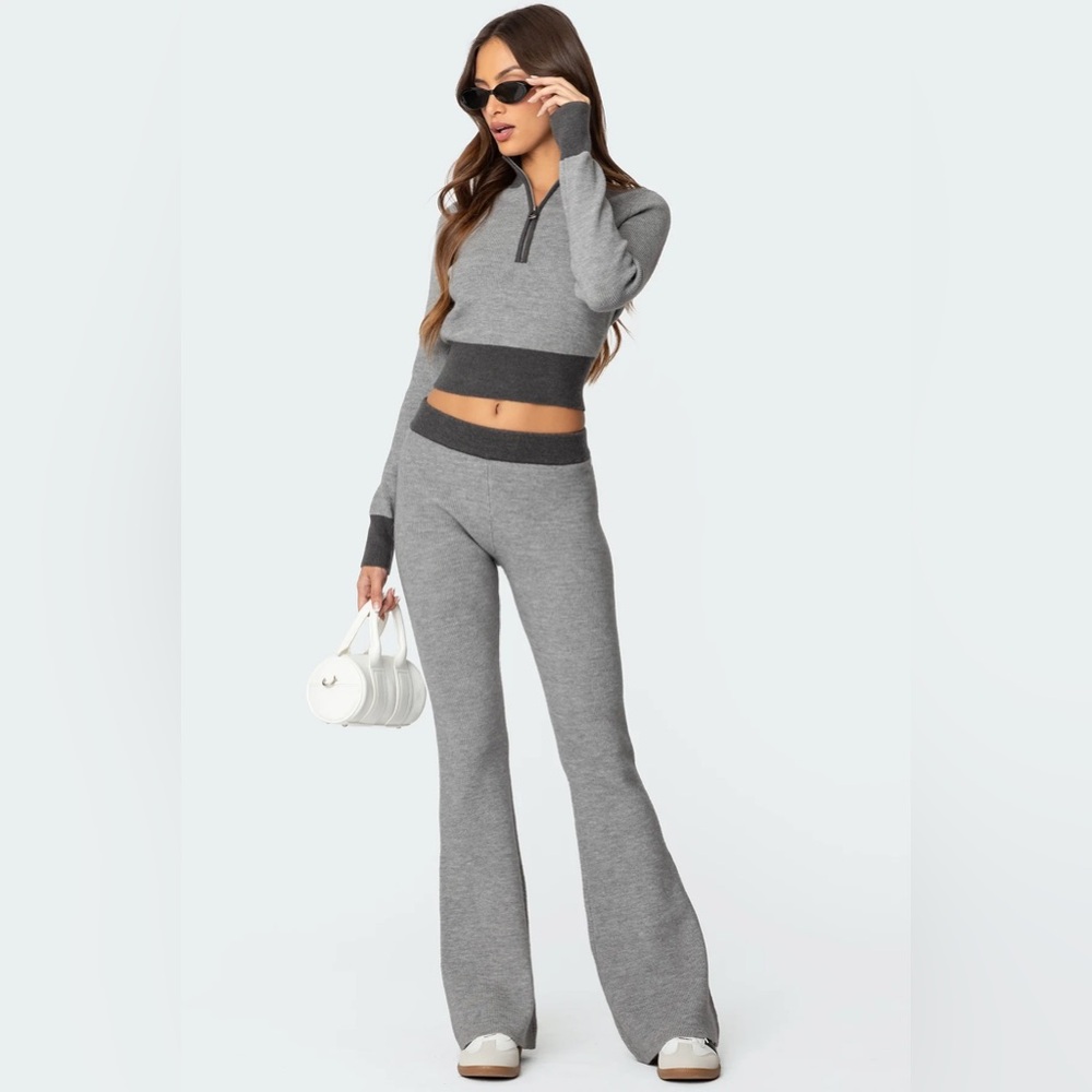Edikted Lei Set Contrast Half Zip Knit Top and Flared Pants